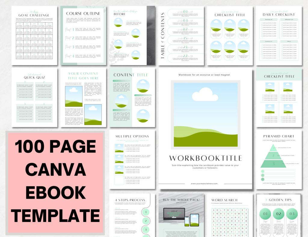 previews of pages in the Canva E book Template available to buy on Etsy and customize with a free Canva account