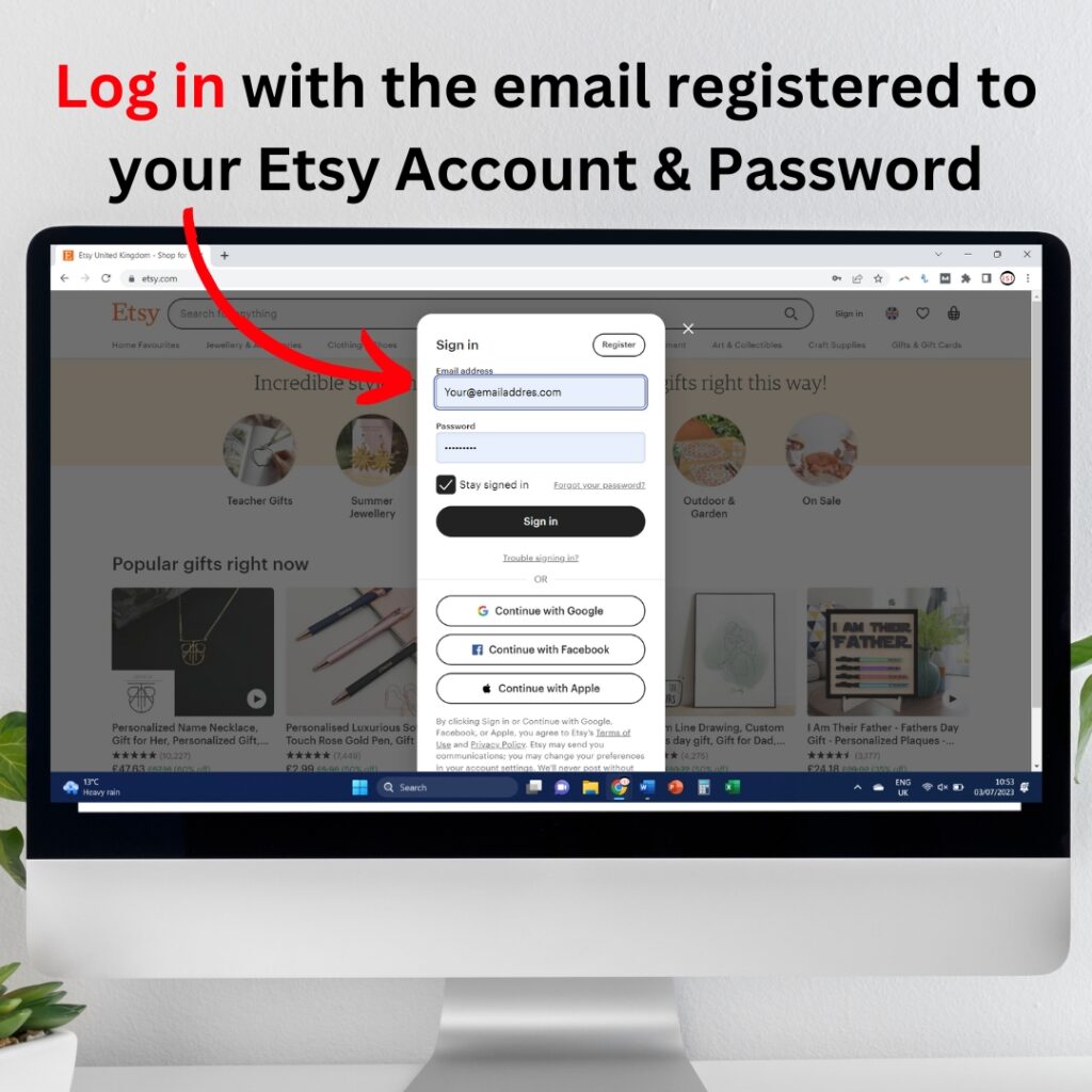 Log in with the email registered to your Etsy account and Password.  NOT the email you DO have access to.  Log in with the email addres YOU DO NOT have access to.  this is how to access an Etsy Download Without Email Access