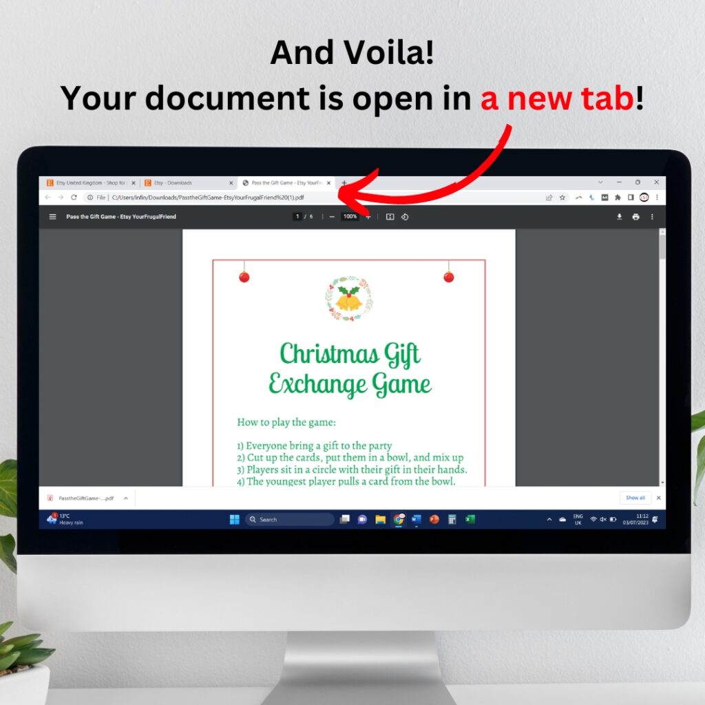 Your file will now open in a new tab, if you are using Chrome.  If you are not, it will open in your default PDF reader.  And that is how to access an Etsy Download Without Email Access