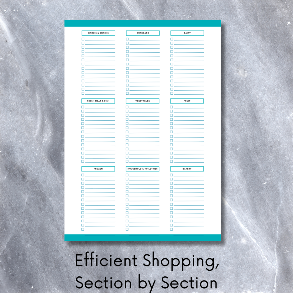 Meal planning for beginners tip - use a sectioned shopping list to shop efficiently and stick on budget.