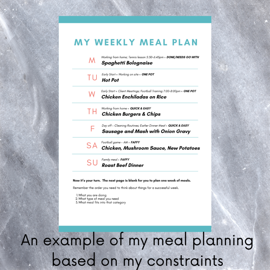 meal planning for beginners tip - look at the constraints of the day - are you short of time?Plan around your life and you will succeed