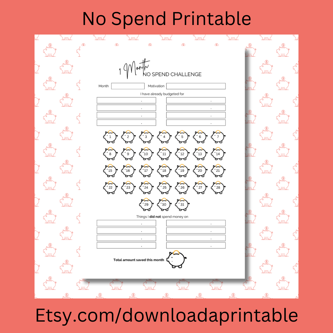 savings challenge - no spend tracker printable - instant download from Downloadaprintable on Etsy