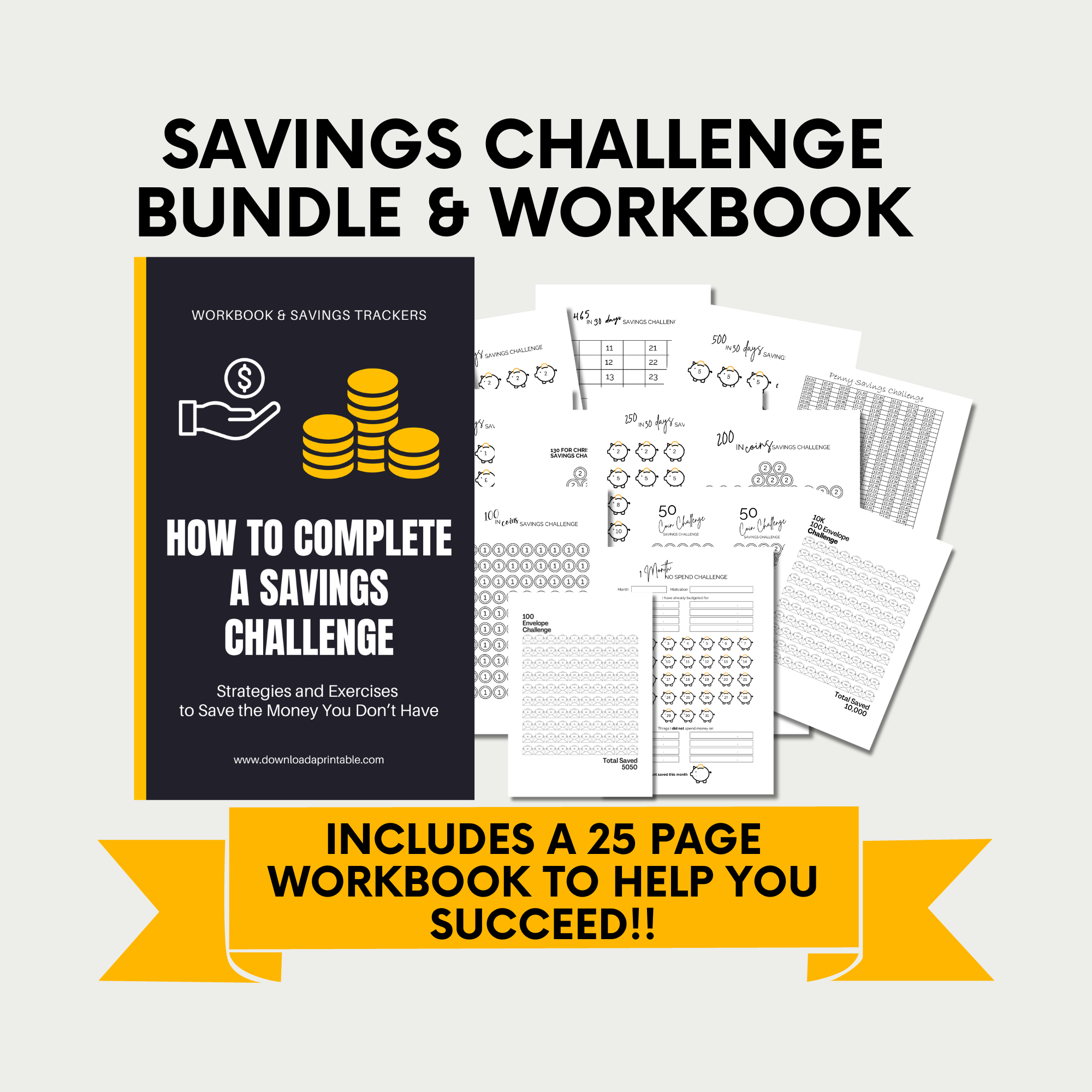 savings challenge bundle and workbook.  Learn how to save.